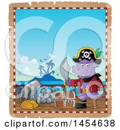 Poster, Art Print Of Parchment Border Of A Hippo Captain Pirate Holding A Sword By A Treasure Chest On A Ship Deck
