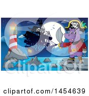 Poster, Art Print Of Cartoon Hippo Captain Pirate Holding A Sword Against A Full Moon Ship And Lighthouse