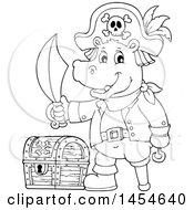 Poster, Art Print Of Cartoon Black And White Hippo Captain Pirate Holding A Sword By A Treasure Chest