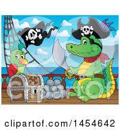Poster, Art Print Of Cartoon Crocodile Pirate Holding A Sword By A Treasure Chest On A Ship Deck