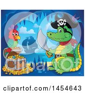 Poster, Art Print Of Cartoon Crocodile Pirate Holding A Sword By A Treasure Chest In A Cave