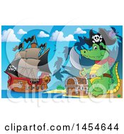 Poster, Art Print Of Cartoon Crocodile Pirate Holding A Sword By A Treasure Chest On An Island
