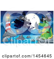 Poster, Art Print Of Cartoon Crocodile Pirate Holding A Sword Against A Ship Full Moon And Lighthouse