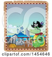 Clipart Graphic Of A Parchment Border Of A Crocodile Pirate Holding A Sword By A Treasure Chest On A Ship Deck Royalty Free Vector Illustration