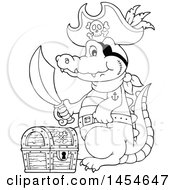 Poster, Art Print Of Cartoon Black And White Crocodile Pirate Holding A Sword By A Treasure Chest