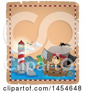 Poster, Art Print Of Parchment Border Of A Monkey Pirate Holding A Sword On A Ship With A Parrot Near A Lighthouse