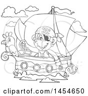 Poster, Art Print Of Cartoon Black And White Monkey Pirate Holding A Sword On A Ship With A Parrot