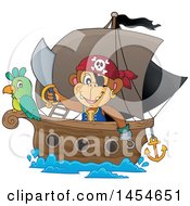 Poster, Art Print Of Cartoon Monkey Pirate Holding A Sword On A Ship With A Parrot