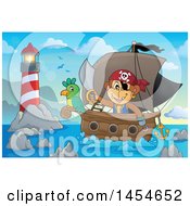 Poster, Art Print Of Cartoon Monkey Pirate Holding A Sword On A Ship With A Parrot Near A Lighthouse
