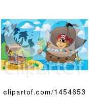 Poster, Art Print Of Cartoon Monkey Pirate Holding A Sword On A Ship With A Parrot Near A Beach With Treasure
