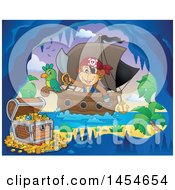 Poster, Art Print Of Cartoon Monkey Pirate Holding A Sword On A Ship With A Parrot Near A Cave With Treasure