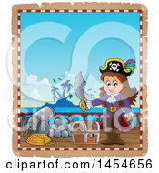 Poster, Art Print Of Parchment Border Of A Pirate Girl Holding A Sword By A Treasure Chest