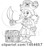 Poster, Art Print Of Cartoon Black And White Pirate Girl Holding A Sword By A Treasure Chest