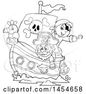 Poster, Art Print Of Cartoon Black And White Sailing Pirate Ship With A Parrot