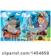Poster, Art Print Of Cartoon Pirate Girl Holding A Sword By A Treasure Chest On An Island