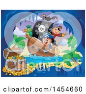 Poster, Art Print Of Cartoon Sailing Pirate Ship With A Parrot Near A Treasure Chest In A Cave