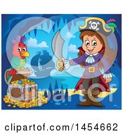 Poster, Art Print Of Cartoon Pirate Girl Holding A Sword By A Treasure Chest In A Cave