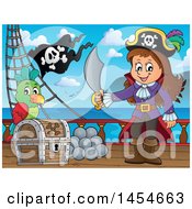 Poster, Art Print Of Cartoon Pirate Girl Holding A Sword By A Treasure Chest On Deck