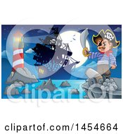 Poster, Art Print Of Cartoon Pirate Holding A Sword On A Cliff With A Cannon Overlooking A Pirate Ship Lighthouse And Full Moon