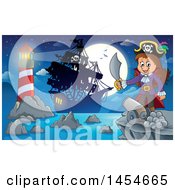 Poster, Art Print Of Cartoon Pirate Girl Holding A Sword Against A Full Moon Ship And Lighthouse