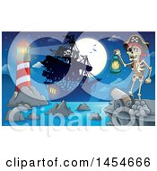 Poster, Art Print Of Cartoon Pirate Holding A Lantern On A Cliff With A Cannon Overlooking A Pirate Ship Lighthouse And Full Moon