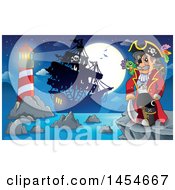 Poster, Art Print Of Cartoon Pirate Captain On A Cliff Overlooking A Pirate Ship Lighthouse And Full Moon