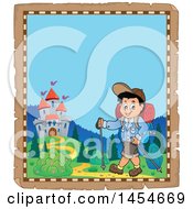 Poster, Art Print Of Parchment Border Of A Happy Boy Hiking With Poles