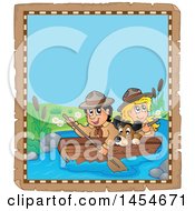 Poster, Art Print Of Parchment Border Of A Happy Scout Boy Rowing A Boat With A Girl And Dog On Boad