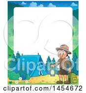 Clipart Graphic Of A Border Of A Scout Boy Holding A Lantern And Backpack At A Camping Site Royalty Free Vector Illustration