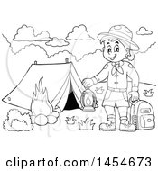Poster, Art Print Of Black And White Scout Boy Holding A Lantern And Backpack At A Camping Site