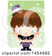 Clipart Graphic Of A 3d Happy White Magician Boy Over A Spiral And Star Pattern Royalty Free Vector Illustration