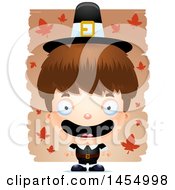 Clipart Graphic Of A 3d Mad White Pilgrim Boy Over Leaves Royalty Free Vector Illustration