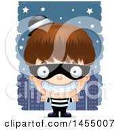 Clipart Graphic Of A 3d Grinning White Robber Boy Against A City At Night Royalty Free Vector Illustration