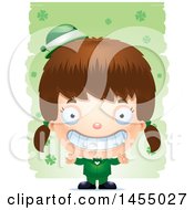 Clipart Graphic Of A 3d Grinning White Irish Girl Over St Patricks Day Shamrocks Royalty Free Vector Illustration