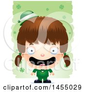 Clipart Graphic Of A 3d Happy White Irish Girl Over St Patricks Day Shamrocks Royalty Free Vector Illustration