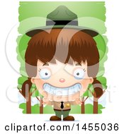 Clipart Graphic Of A 3d Grinning White Park Ranger Girl In The Woods Royalty Free Vector Illustration