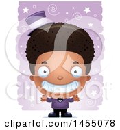 Clipart Graphic Of A 3d Grinning Black Magician Boy Over A Spiral And Star Pattern Royalty Free Vector Illustration