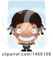 Clipart Graphic Of A 3d Grinning Black Business Girl Against Strokes Royalty Free Vector Illustration