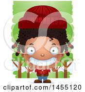 Clipart Graphic Of A 3d Grinning Black Lumberjack Girl In The Woods Royalty Free Vector Illustration