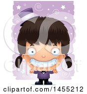Clipart Graphic Of A 3d Grinning Magician Girl Over A Spiral And Star Pattern Royalty Free Vector Illustration