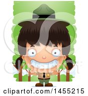 Clipart Graphic Of A 3d Grinning Park Ranger Girl In The Woods Royalty Free Vector Illustration