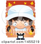 Clipart Graphic Of A 3d Mad Pilgrim Girl Over Leaves Royalty Free Vector Illustration