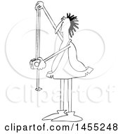 Clipart Of A Cartoon Black And White Caveman Using A Tape Measure Royalty Free Vector Illustration