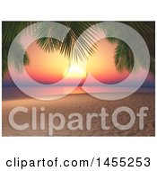 Clipart Of A 3d Sunset With Palm Tree Branches And A Sandy Beach Royalty Free Illustration by KJ Pargeter