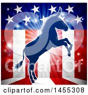Blue Silhouette Of A Rearing Democratic Donkey Over An American Flag Themed Burst