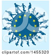 Clipart Of A European Flag Globe With Silhouetted Immigrants Over Blue Royalty Free Vector Illustration