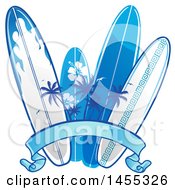 Clipart Of A Blank Ribbon Banner With Silhouetted Palm Trees In Front Of Surfboards Royalty Free Vector Illustration by Domenico Condello