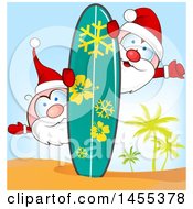 Poster, Art Print Of Cartoon Hapy Santas On A Tropical Island With A Surf Board And Palm Trees