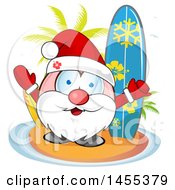 Poster, Art Print Of Cartoon Hapy Santa Claus On A Tropical Island With Surf Boards And Palm Trees