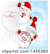 Poster, Art Print Of Cartoon Happy Santas Playing Around A Sign With Merry Christmas Text